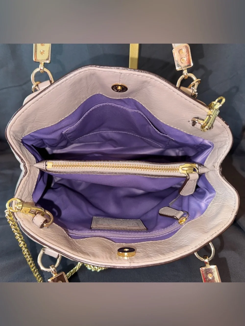 COACH Madison Madeline Taupe Ruched Leather Crossbody Bag with Gold Color Chain - Picture 11 of 12